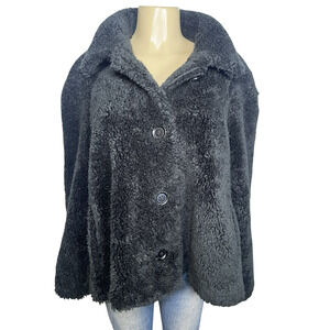 John Caruana Coat Womens Large Black Faux Fur Teddy Button Front Lined Made USA
